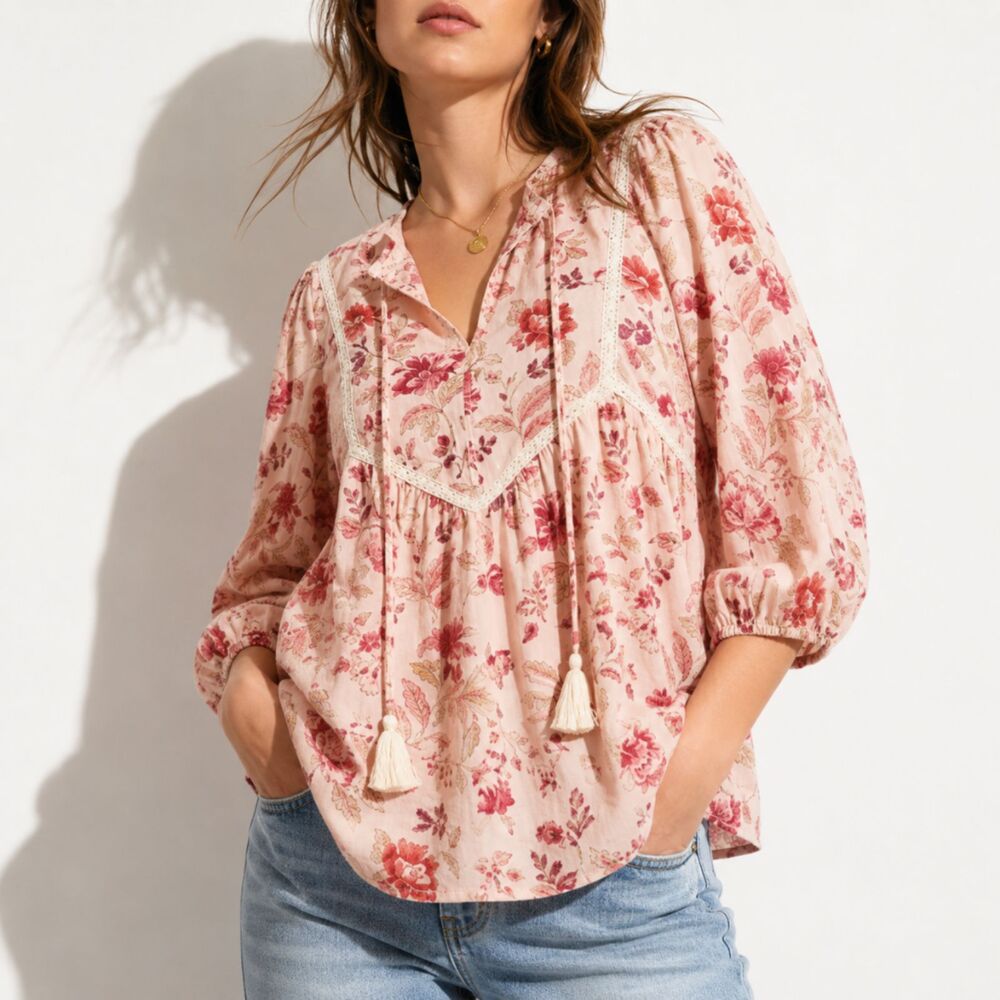 Melloday Pink Floral Peasant Top M Relaxed Fit Boho Blouse Cottagecore Flowy